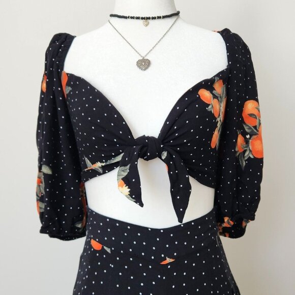 Forever 21 Two Piece Set Orange Fruit Crop Top Wide Leg Pant Black Boho Dot XS M - Picture 3 of 16